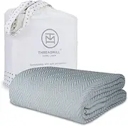 Threadmill 100% Pure Cotton, Luxury Queen Size Warm Scottish Grey Blanket - Herringbone Pattern, Soft & Cozy Premium Fall Throw Blanket for All Seasons, 350GSM & 90x92 with Free Tote Bag