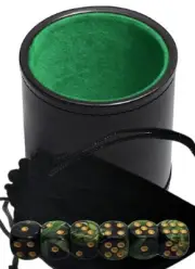 (6) 16mm Green Black Pearlized Dice w/Pouch + PU Leather Dice Cup Green Lining