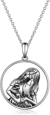 Wolf Necklace 925 Sterling Silver Girl Hugging Wolf Pendant Necklace Spirit Anim