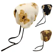 Cute Lambswool Cap with EarFlap Lace-up Bear Print Hat Lovely Female Hat Present