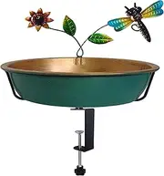 Deck Bird Bath for Outdoors, 13 Inch Large Green/Bronze Metal Birdbath Bowl with Adjustable Big Steel Clamp Backyard Birdbath Bird Feeder for Railing Balcony Fence Yard Art Garden Decor