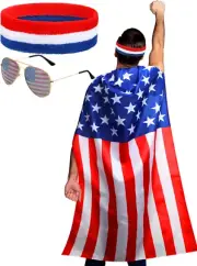 American Flag Costume Cape, Retro 80'S USA Sunglasses and Flag Headband for 4Th