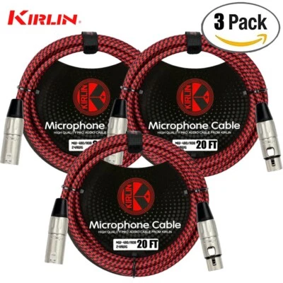 3-PACK Kirlin 20FT Original Woven XLR F to XLR M Mic Cable Red MW-480-20/RDB