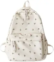 [Generic] Floral Canvas Backpack, Cream White with Pink Roses Pattern, School Bag for Students