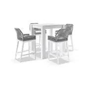Santorini Outdoor Aluminium Square Bar Table with 4 Hugo Aluminium and Rope Bar Stool 4 Seats - White - Textured Olefin Grey