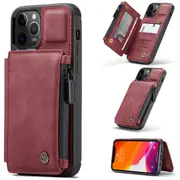 CaseMe Shockproof iPhone 12 Pro Leather Case Cover Zipper Wallet Apple [Wine]