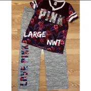 NWT Victoria Secret Pink Tropical Tee Shirt Bling Sequin Boyfriend Pants Set L