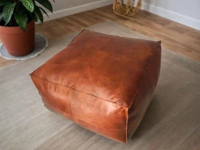 Leather Brown Moroccan Pouffe New Unstuffed Boho Ottoman Footstool 30''Handmade