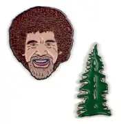 Bob Ross Smiling Face & Happy Little Tree Metal Lapel Pin Set of Two NEW UNUSED