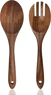 Wooden Salad Servers 10 Inch - Tongs, Spoons and Fork Claw 2 Set for Serving - Wood Mixing and Stirring Spoons for Kitchen Cooking and Salad Serving Utensils