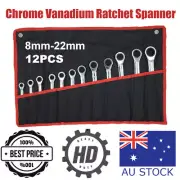 12Pcs 8MM-22MM Ratchet Spanner Set Metric Open End Wrench ND-0326 Rolling Bag AU