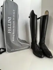 New Fellini English Riding Boots, Black With Boot Bag Size 37 XL Calf