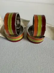 Vtg Striped Stainless Enamel Napkin Rings Lot Of 4 Fall MCM Cottagecore 2001 New