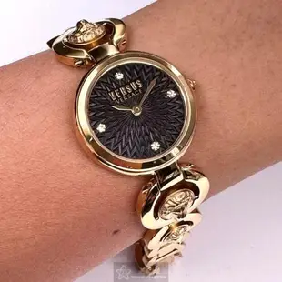 VERSUS VERSACE手錶, 女錶 28mm 金色圓形精鋼錶殼 黑色中二針顯示, 環形V元素設計錶面款 VV00378