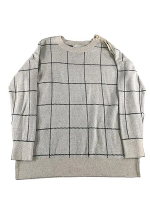 LOFT Sweater Womens Large Beige Black Windowpane Button Shoulder Pullover Layer