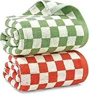 Jacquotha Checkered Bath Towels for Bathroom, 2 Pack Shower 55'' x 27.5'', Super Absorbent and Quick Dry (Orange + Green)