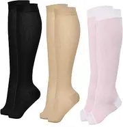 [Dress Cici] Open Toe Compression Socks for Women, Nylon Knee High Long Socks Toeless (3 Pairs)