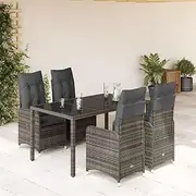 5 Piece Garden Bistro Set with Cushions Grey Poly Rattan, Garden Furniture Sets