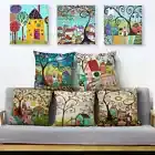 Retro Rural Color Cities Cushion Cover Colorful Cartoon House Tree Pillow Case
