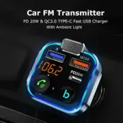 Car Wireless Bluetooth 5.0 FM Transmitter Adapter Type-C PD 20W Fast USB Charger