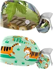 [WOSHJIUK] Working Hat 2 Pack Scrub Caps for Women,Grape Birds Family,Tie Back Cap Adjustable Scrub Hat
