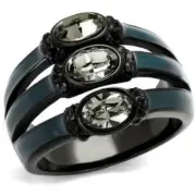 Brilliant 0.43Ct Black Oval Cut 3-Stone Top Grade Crystal Black Ring Tk2214