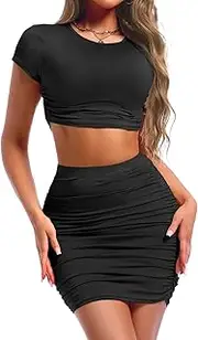[ELLEVEN] 2 Piece Mini Skirt Sets for Women, Knit Crop Top and Sexy Runched Skirts High Stretchy Summer Outfits
