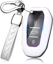 HIBEYO Car Key Fob Cover Compatible with Peugeot 308 408 508 2008 3008 4008 5008 Car Accessories ABS Material Smart Remote Auto Key Case with Key Chain(White)