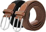 [SZJH] Set of 2 Womens Belt Casual Braided Elastic Fabric Woven Stretch Elasticated Belts