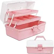 TERGOO 12in Three-Layer Multipurpose Storage Box Organizer Folding Tool Box/Art & Crafts Case/Sewing Supplies Organizer/Medicine Box/Family First Aid Box with 2 Trays (White Pink), TGB-001