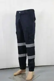MENS COTTON DRILL ELASTIC ANKLE WORK PANTS REFLECTIVE TAPE CARGO + Free gift