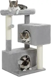PAWZ Road Small Cat Tree 80cm Cat Tower for Indoor Cats with 2 Condos fit Cats up to 6kg, Cat Scratching Posts with 2 Cat Toy Balls, Grey