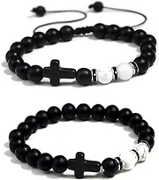 [ASNAT] Cross Set Bracelet Matte Black Beads Stone Beaded Bracelet For Men And Women