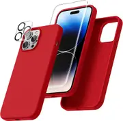 For iPhone 14 Pro Max Silicone Case with Screen Protector & Camera Lens Protector [Set Of 3] 360 Protection Pack for iPhone 14 Pro Max 6.7", Red