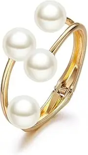 [Generic] 14K Plated Gold Big Pearl Clasp Cuff Bracelets Asymmetric Broadside Ball Handcuffs Wrist Bangle for Women Girls Simple Fashion Jewelry