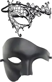 2PCS Couples Pair Mardi Gras Venetian Masquerade Masks Set, Party Costume Accessory for Couples Women and Men (Black)