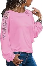 [Generic] Women Hollow Long-Sleeved Tops Round Neck Lantern Sleeve Shirts Solid Color Loose Pullover Blouses