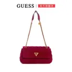 【GUESS】毛呢金屬LOGO皮鍊肩背包(桃紅)