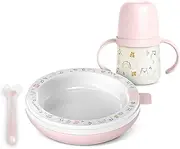 Suavinex, Hot Food Set with Thermal Plate - Keeps Food Warm: Silicone Spoon + Cup with Handles and Silicone Pourer + Thermal Plate + 6 Months My Family Pink