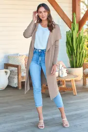 Marisole Caramel Drape Tie Waist Long Cardigan