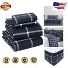 Heavyweight Flannel Bed Sheets Full Size Set - Anti-Pill, 4 Pieces, Navy Checks