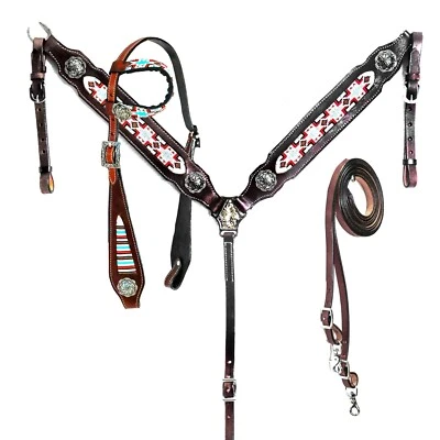 western Leather Equestrian Tooled Beaded Headstall,Breast Collar & Reins. (H079)