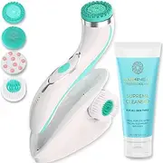 Lumineo facial cleansing brush with 4 medical silicone brush heads, with cleansing gel for pores, peeling and removing blackheads, electric USB facial brush for all skin PRO Turquoise (All Skin Types)