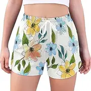 [GuoChe] Athletic Running Shorts Light White Blue Flowers Country Waist Athletic Running Shorts Elastic Summer Athletic Shorts
