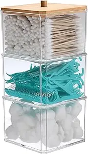 Hipiwe 3 Tiers Acrylic Cotton Swab Organizer Clear Qtip Holder with Lid Stackable Bathroom Accessories Storage Box for Office Living Room Bathroom, 3.6 x 3.6 x 7.8 Inch