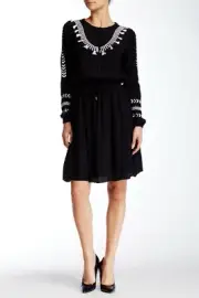 Adrianna Papell Womens Long Sleeve Embroidered A-Line Peasant Dress Black Size 4