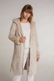 Oui Women's Reversible Winter Cocoon Faux Fur Coat in Beige Size UK 14 -RRP £309