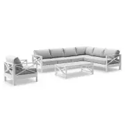 Kansas Package D - Outdoor Aluminium Corner Modular Lounge Set with Arm Chair and Coffee Table White - Textured Olefin Grey