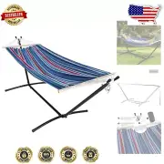 Heavy Duty Blue Pinstripe Hammock with Stand - Portable & Adjustable for Comfort