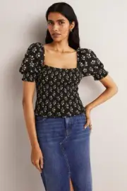 Boden Square Neck Top Swing Blouse Peasant-Style Black Floral Print 100% Cotton